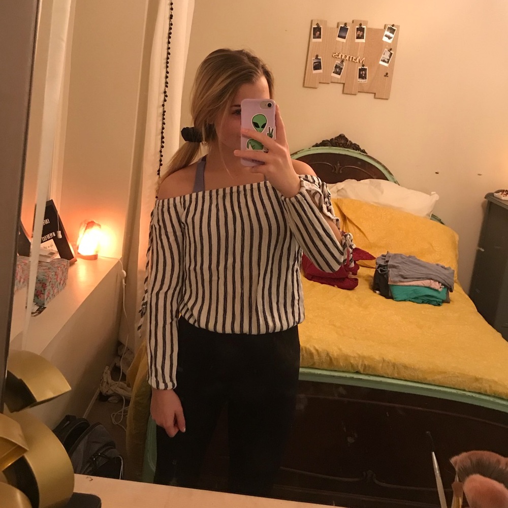 Striped Off The Shoulder Tie Long Sleeve
